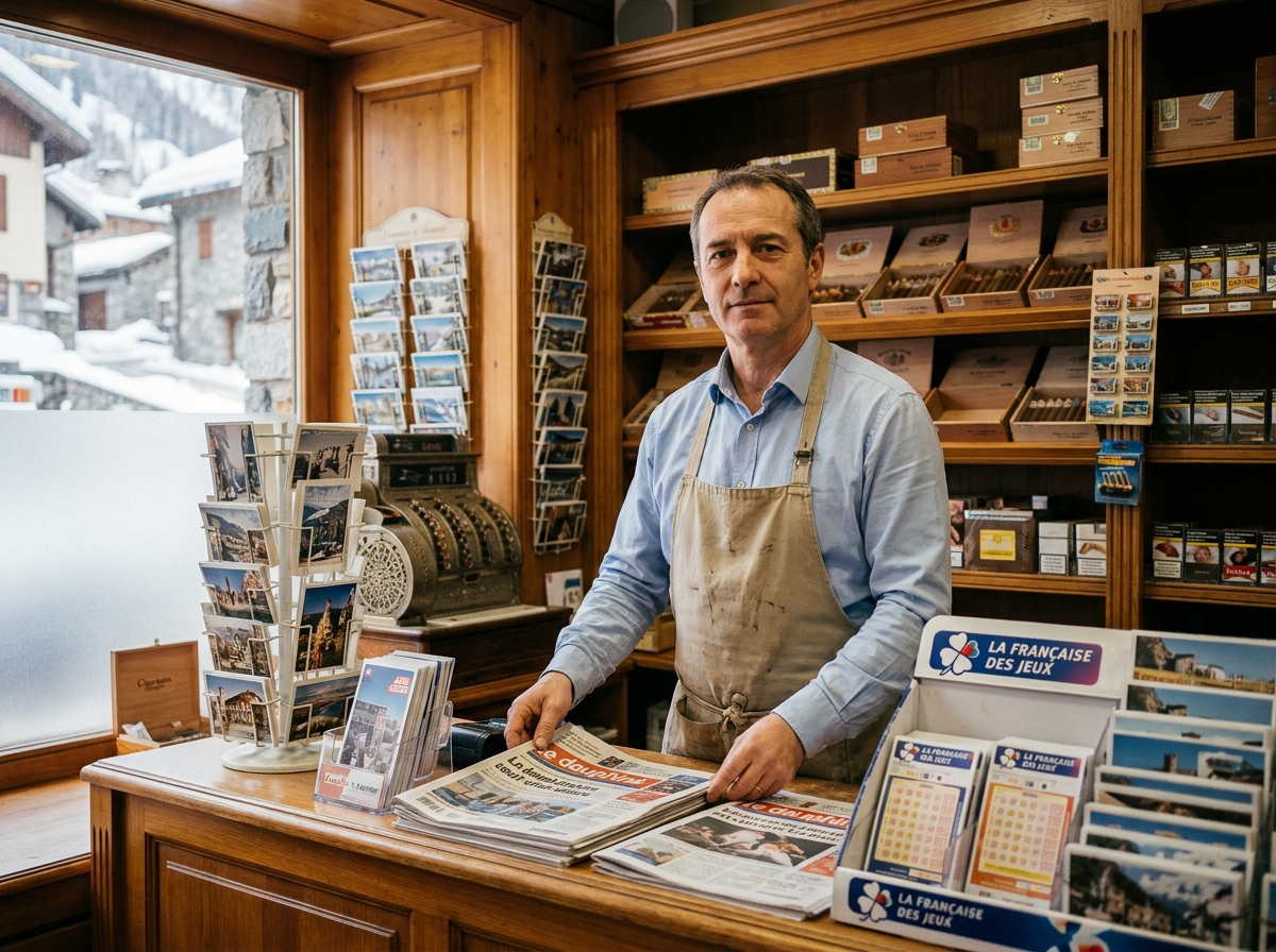 Gérant d'un bureau de tabac en Savoie derrière son comptoir, entouré de journaux et de produits tabac, avec vue sur une rue alpine enneigée