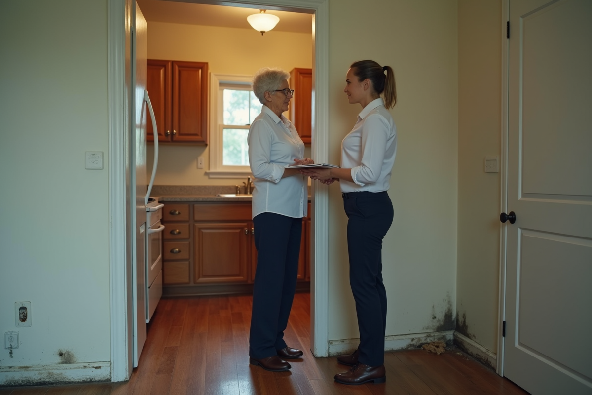 Gestionnaire immobiliere parle avec un locataire age