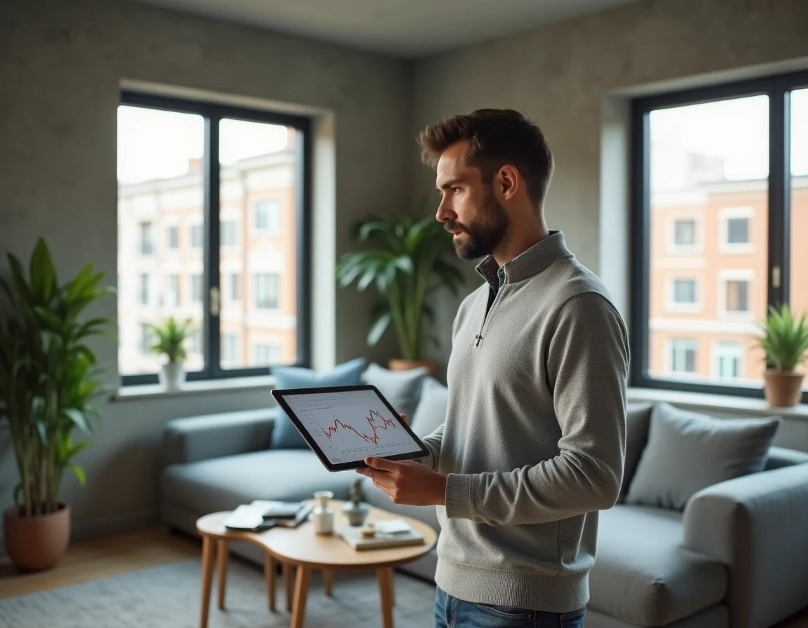 Gestionnaire immobilier consultant un graphique d'évolution des indices de loyer ICC sur une tablette dans un appartement moderne