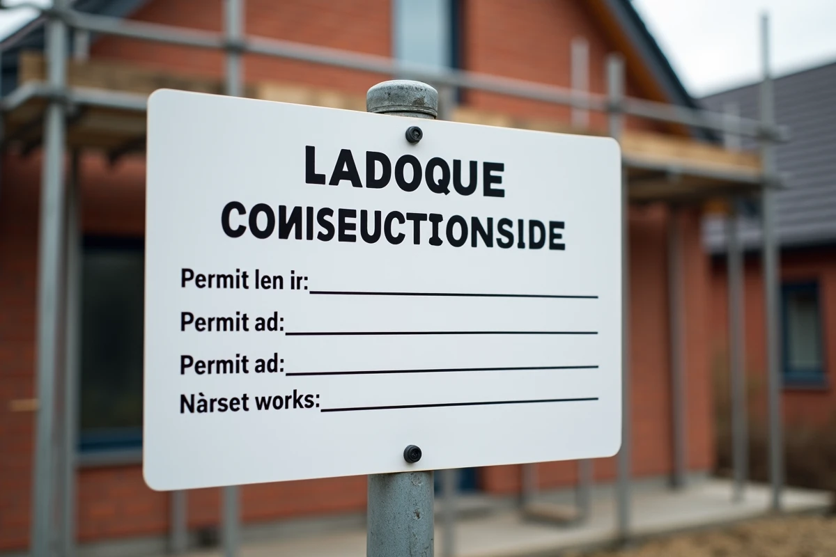 Gros plan sur les mentions réglementaires d'un panneau de déclaration préalable de travaux fixé devant une maison en rénovation