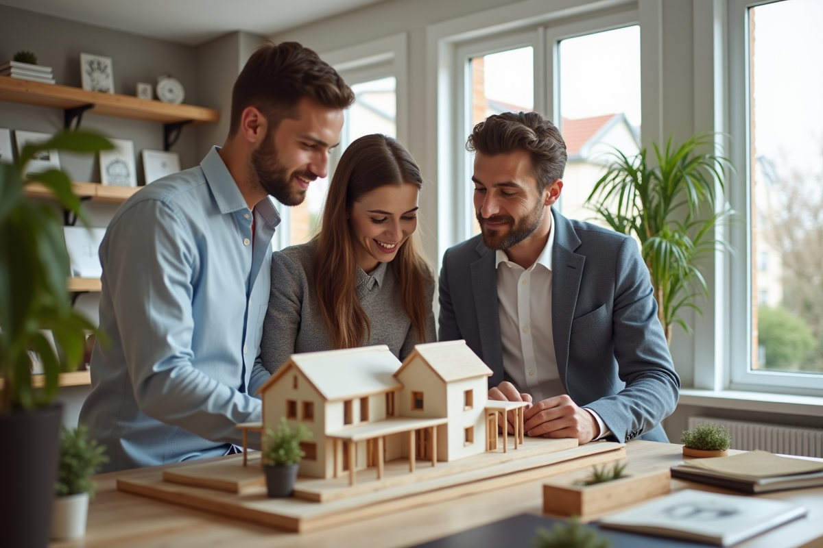 Groupe de jeunes examinant un modèle immobilier