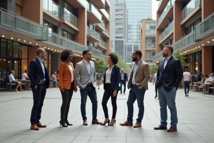 Groupe de professionnels dans une place urbaine moderne