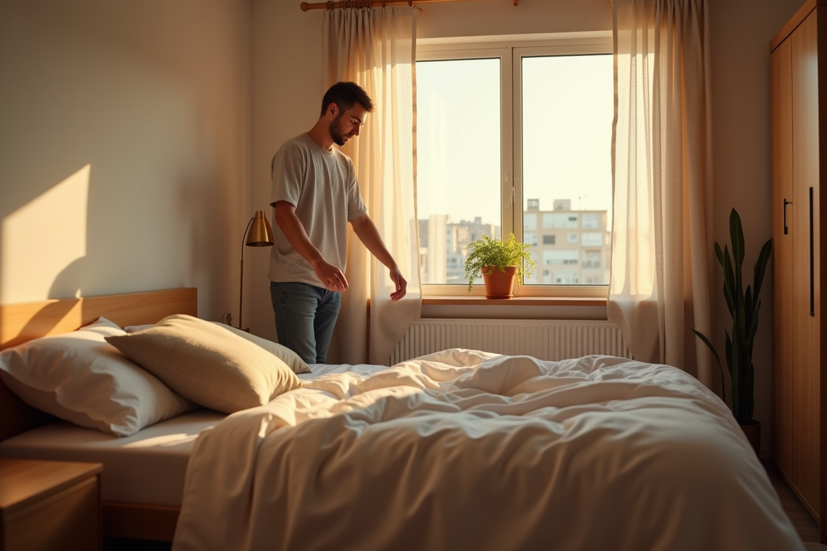 Homme arrangeant son lit dans une tiny house lumineuse