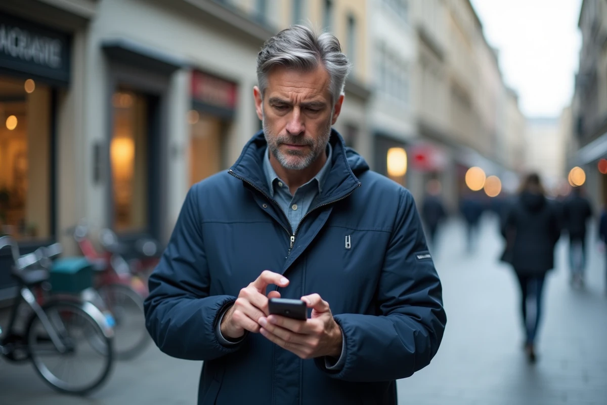 Homme consultant l'application MyCitya bloquée sur son téléphone dans la rue en ville