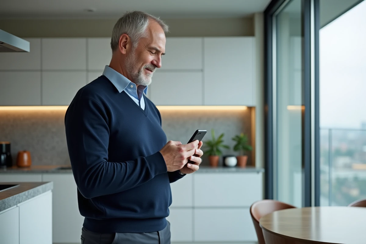Homme vérifiant ses documents de copropriété sur application mobile MyFoncia dans sa cuisine