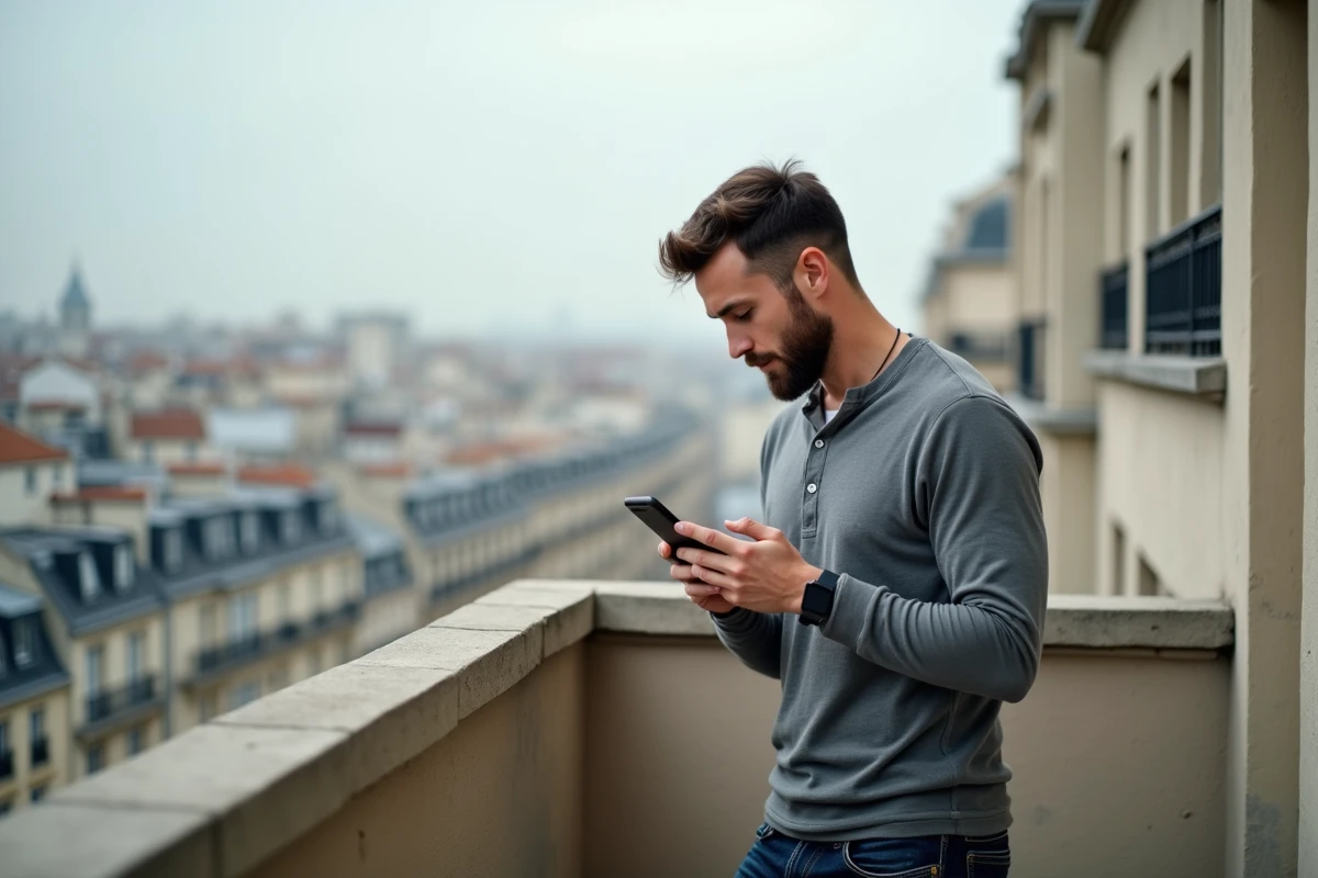 Homme consultant une application de surveillance du marché immobilier local sur son smartphone depuis un balcon avec vue urbaine
