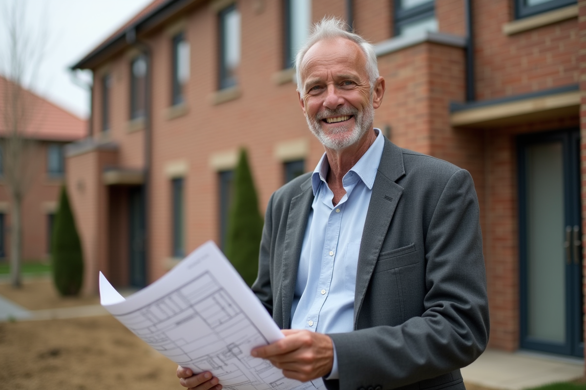 Homme avec plans devant bâtiment résidentiel neuf