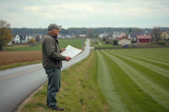 Homme en tenue casual regardant vers une banlieue en développement