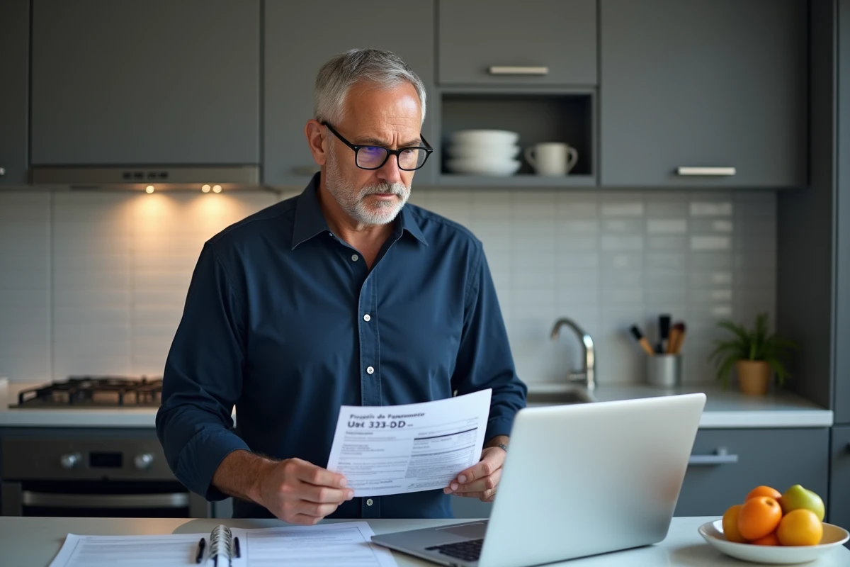 Homme consultant le formulaire 3233-SD et un site officiel sur ordinateur portable dans une cuisine d'appartement