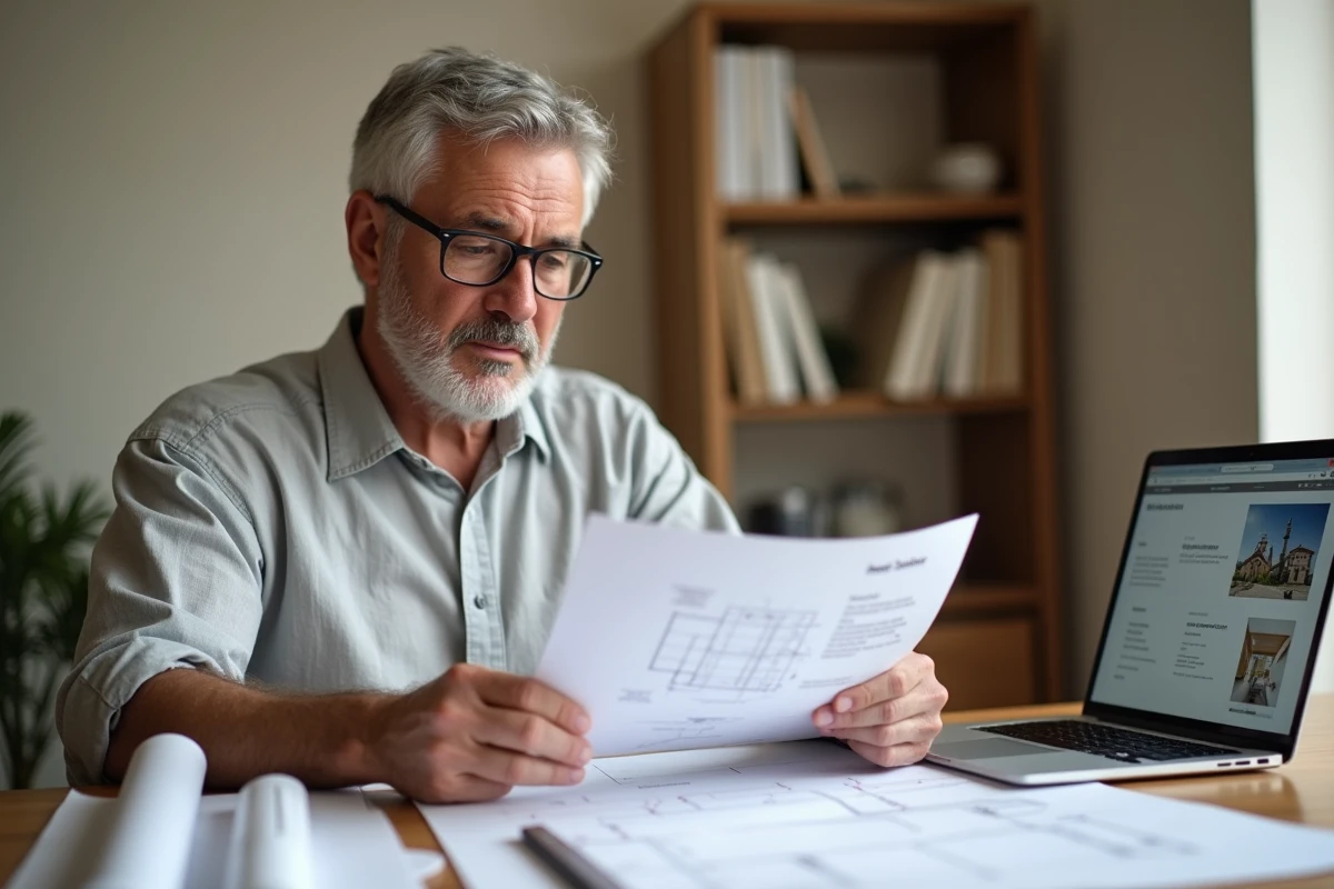 Homme consultant un modèle de panneau de déclaration de travaux imprimé sur papier à son bureau à domicile