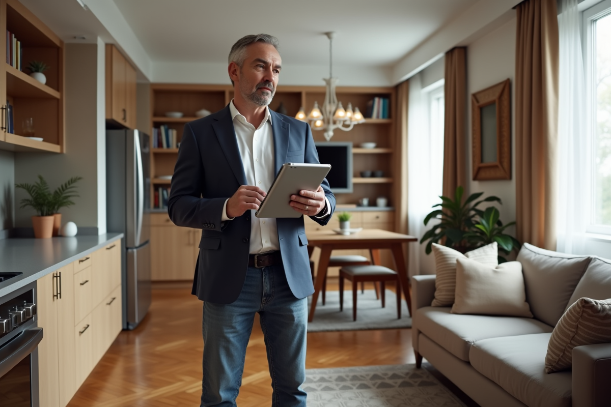 Homme d âge moyen dans une cuisine de location moderne