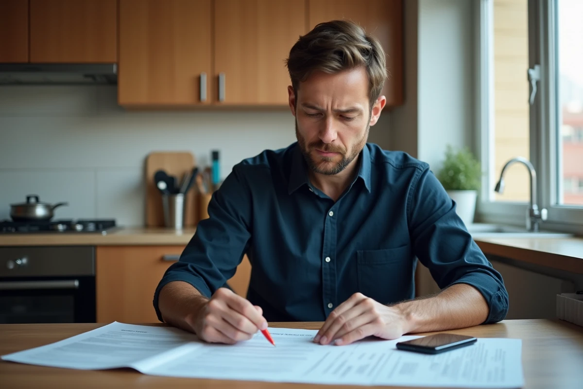 Homme consultant des documents juridiques et un contrat de location à la suite d'un changement de serrure illégal par son ex-partenaire