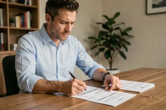 Homme consultant un dossier de prêt immobilier à son bureau pour négocier son taux CASDEN