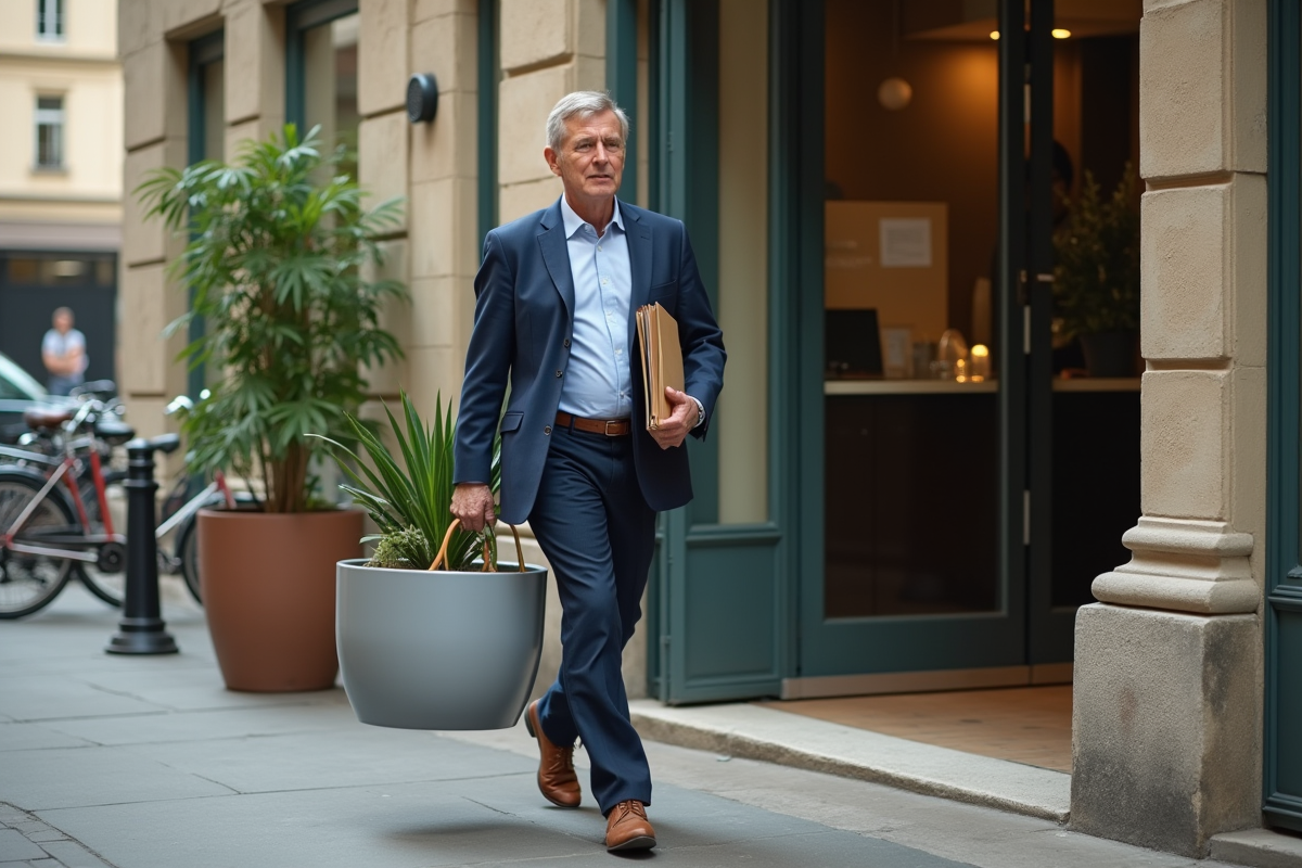 Homme d affaires portant une plante devant une entrée d office