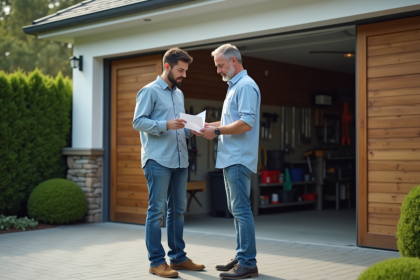 Homme d'âge moyen examinant des papiers devant un garage moderne