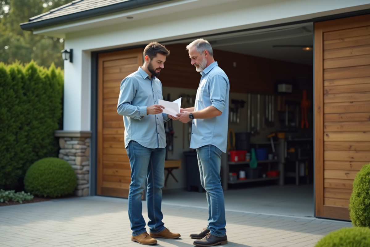 Homme d'âge moyen examinant des papiers devant un garage moderne