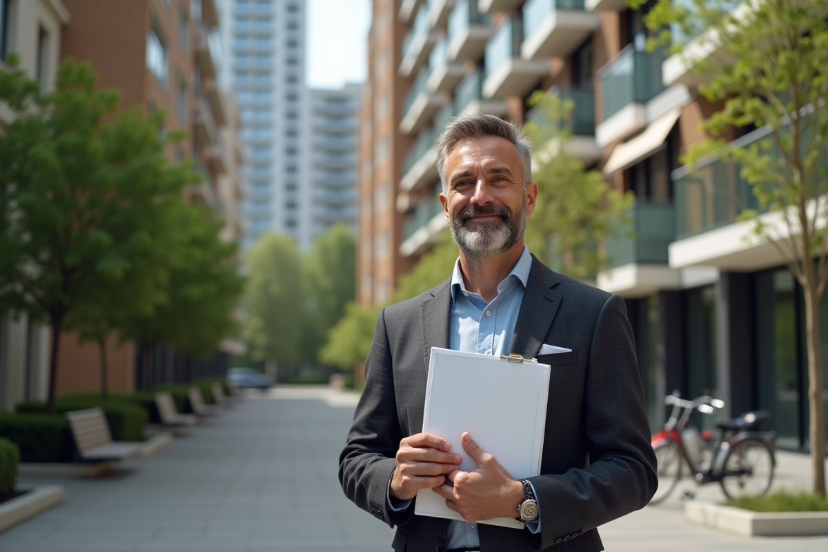 Homme avec dossier et clés devant immeuble résidentiel