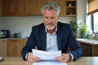Homme d'âge moyen en blazer bleu examine des documents immobiliers
