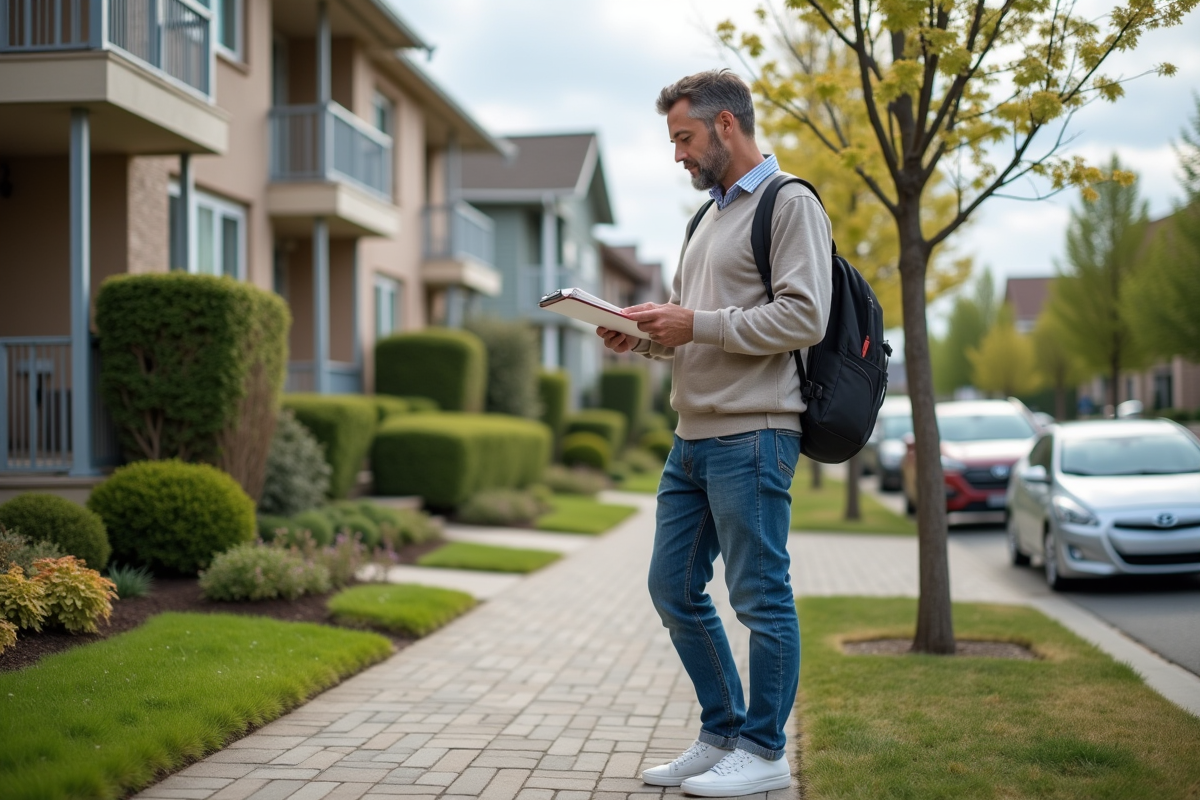 Homme vérifiant des propriétés résidentielles en extérieur
