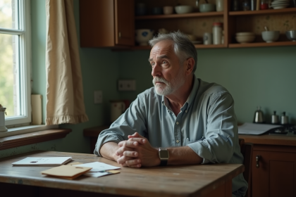 Homme d'âge moyen anxieux dans une cuisine modeste