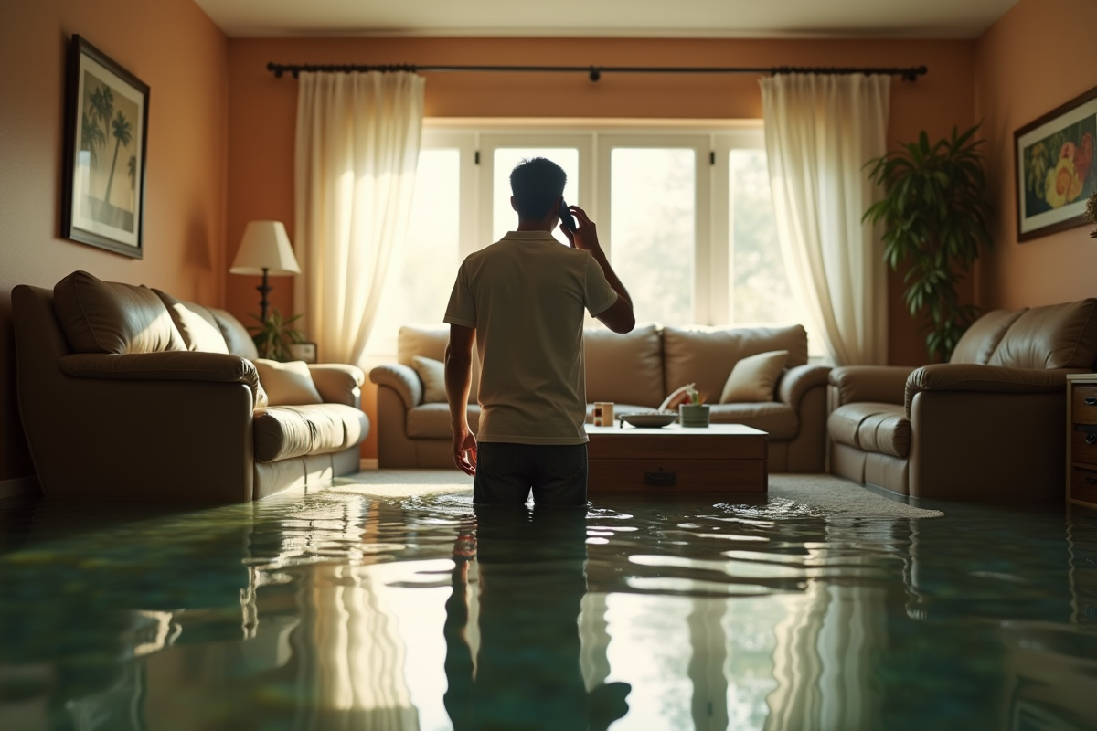 Propriétaire inquiet au téléphone devant une maison inondée
