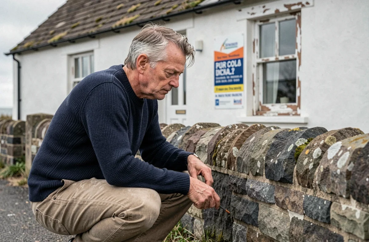 Homme inspecte une maison de pêcheur à vendre en bord de mer avant achat pour sa retraite