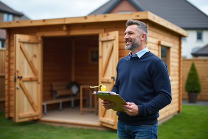 Homme confiant devant un abri de jardin en bois