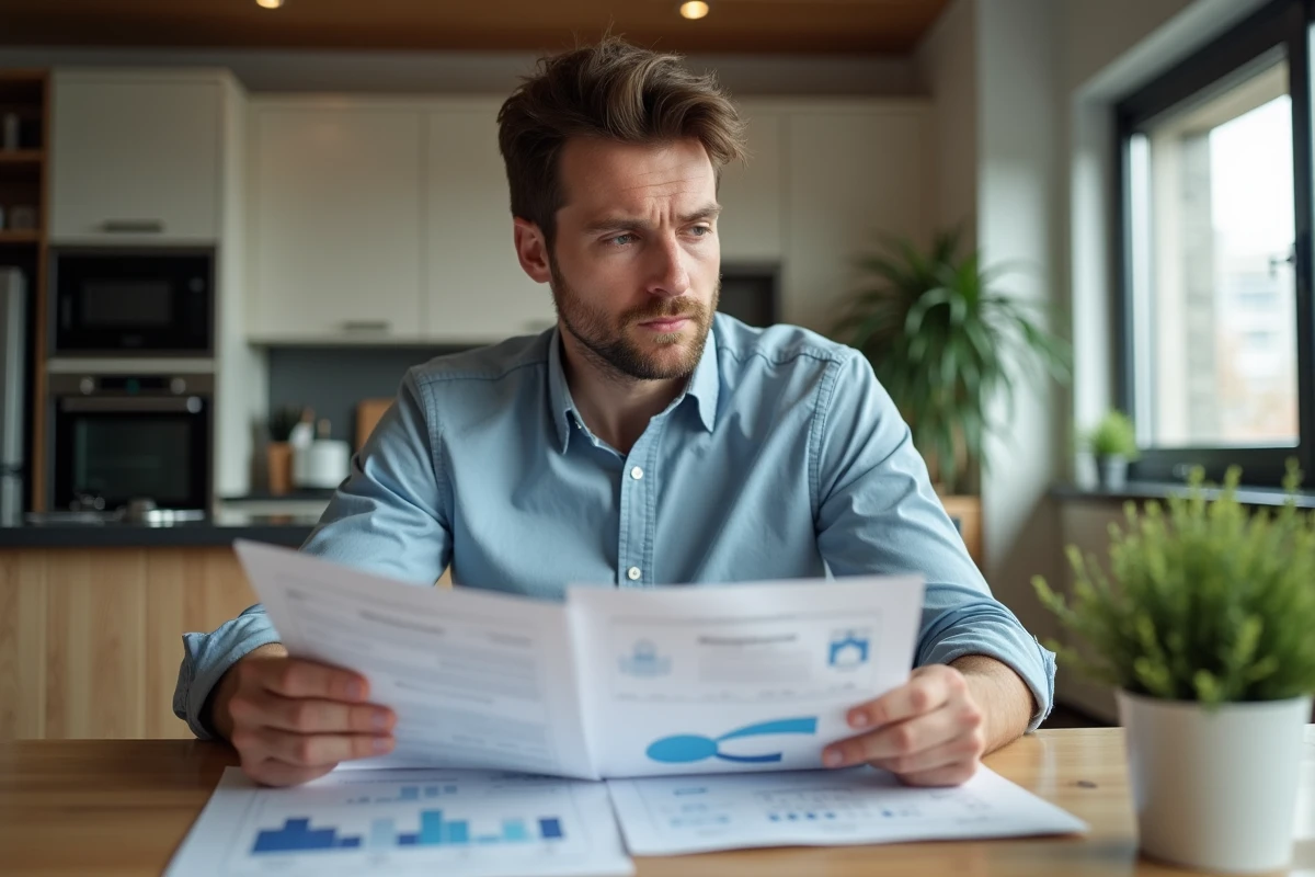 Homme en intérieur moderne examine des documents de prêt immobilier