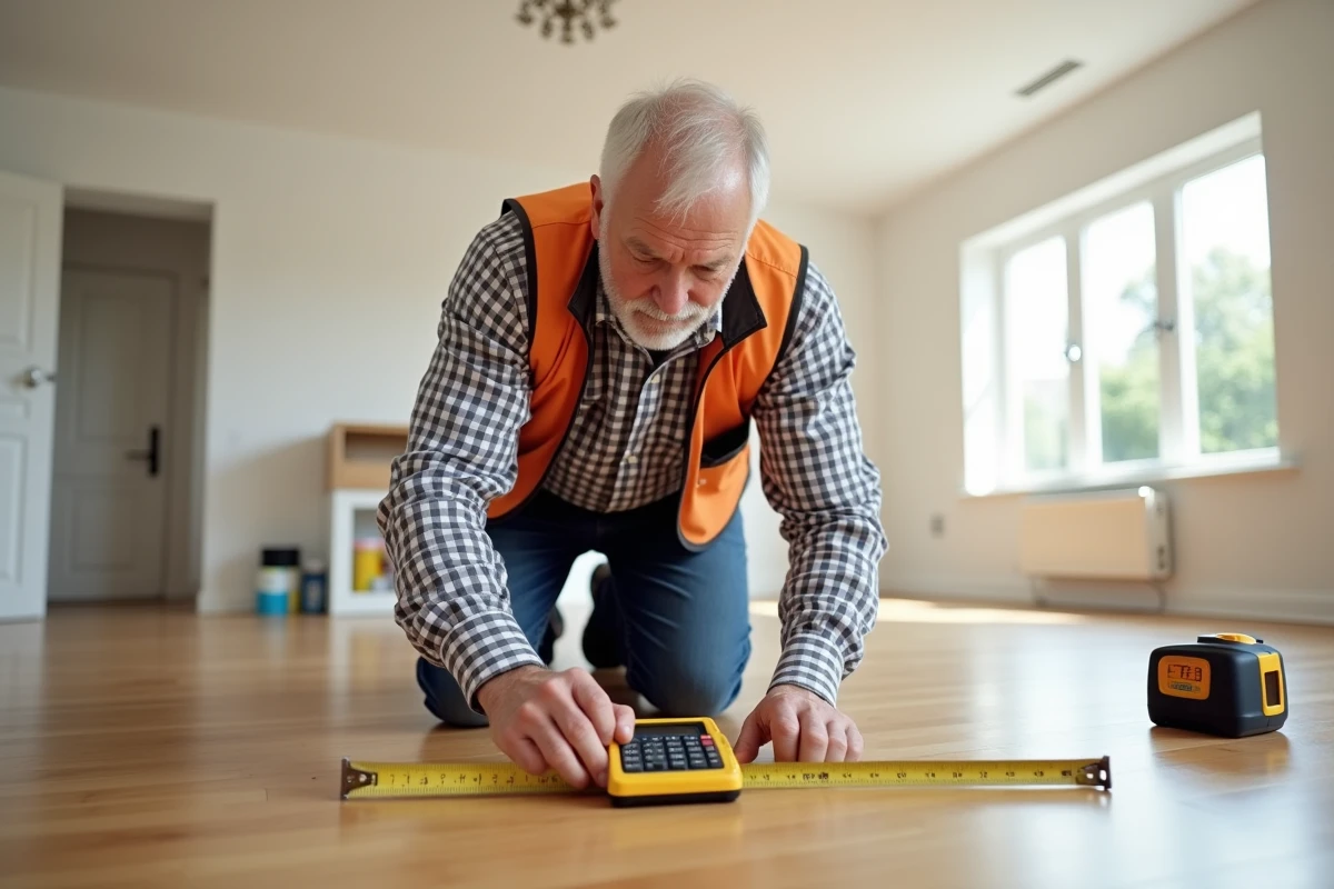 Homme mesurant une pièce en rénovation avec calculatrice