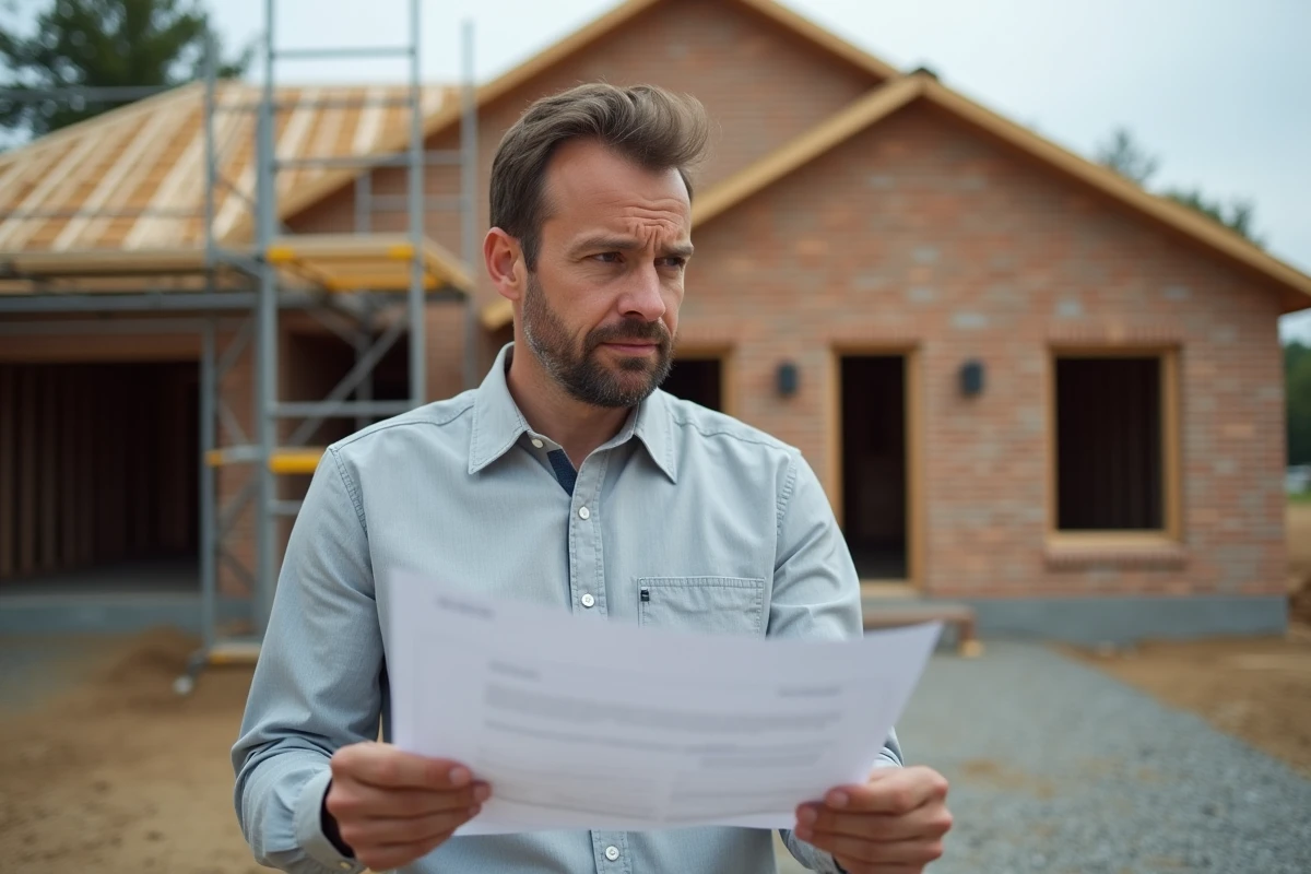 Homme tenant un document de permis de construire devant une maison en construction dans un environnement de chantier résidentiel