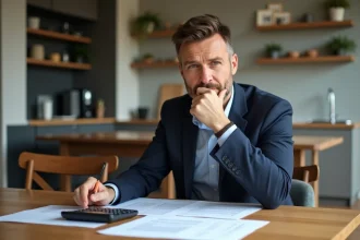 Homme en blazer regardant des documents de location