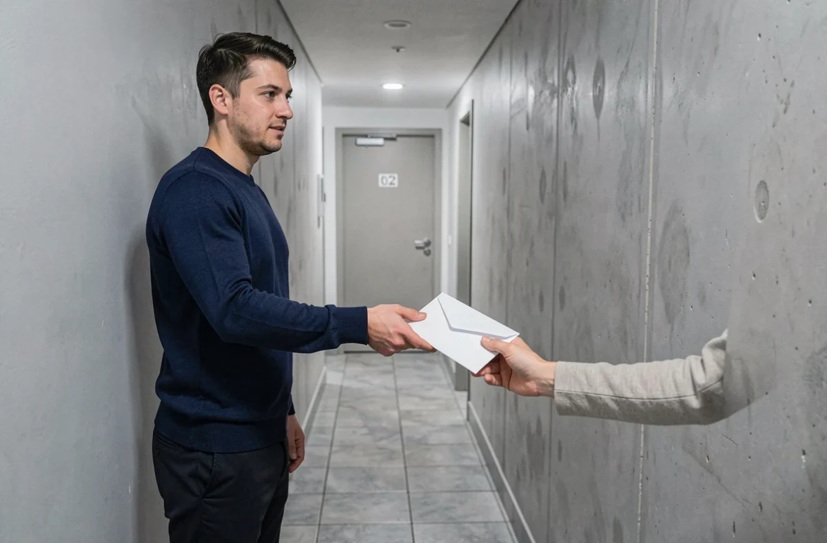 Homme remettant une lettre de préavis à son propriétaire dans le couloir d'un immeuble résidentiel