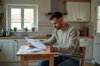 Jeune homme examine ses factures de chauffage dans la cuisine