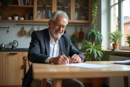 Homme élégant signant des documents immobiliers dans un appartement lumineux