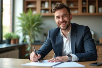 Homme d affaires signant un contrat de location dans une cuisine lumineuse