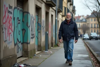 Homme d'âge moyen marchant dans une rue urbaine à Conflans