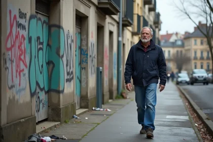 Homme d'&acirc;ge moyen marchant dans une rue urbaine &agrave; Conflans