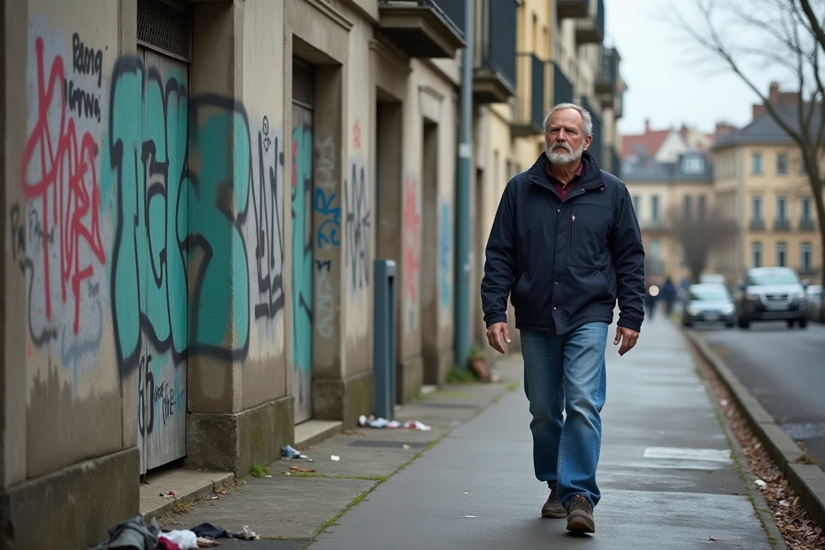 Homme d'âge moyen marchant dans une rue urbaine à Conflans