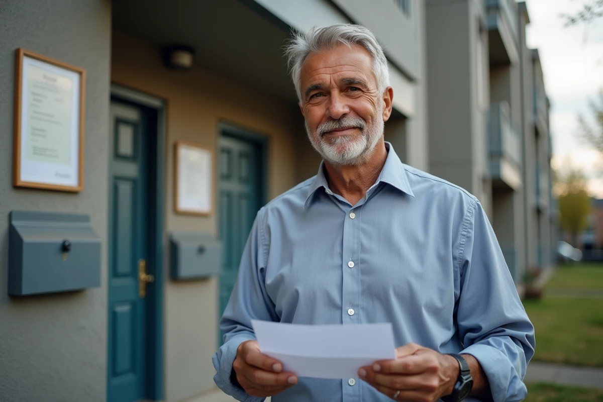 Homme dehors avec une enveloppe devant un immeuble social