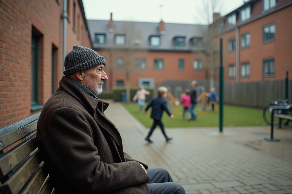 Un homme âgé assis dans la cour d’un logement social