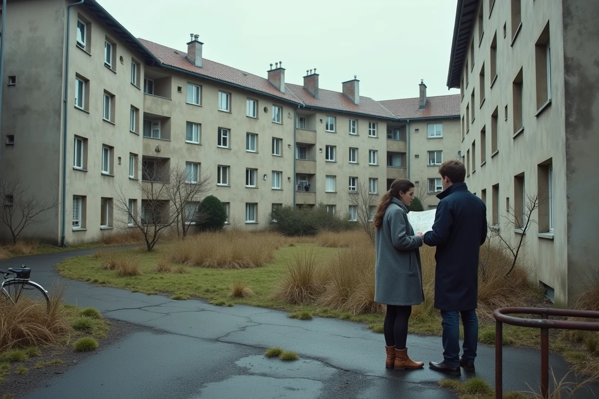 Couple de futurs acheteurs hésitants devant une barre d'immeuble vieillissante dans un quartier périphérique de Blois