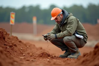 Ingénieur géotechnique examinant un échantillon de sol sur un site rural