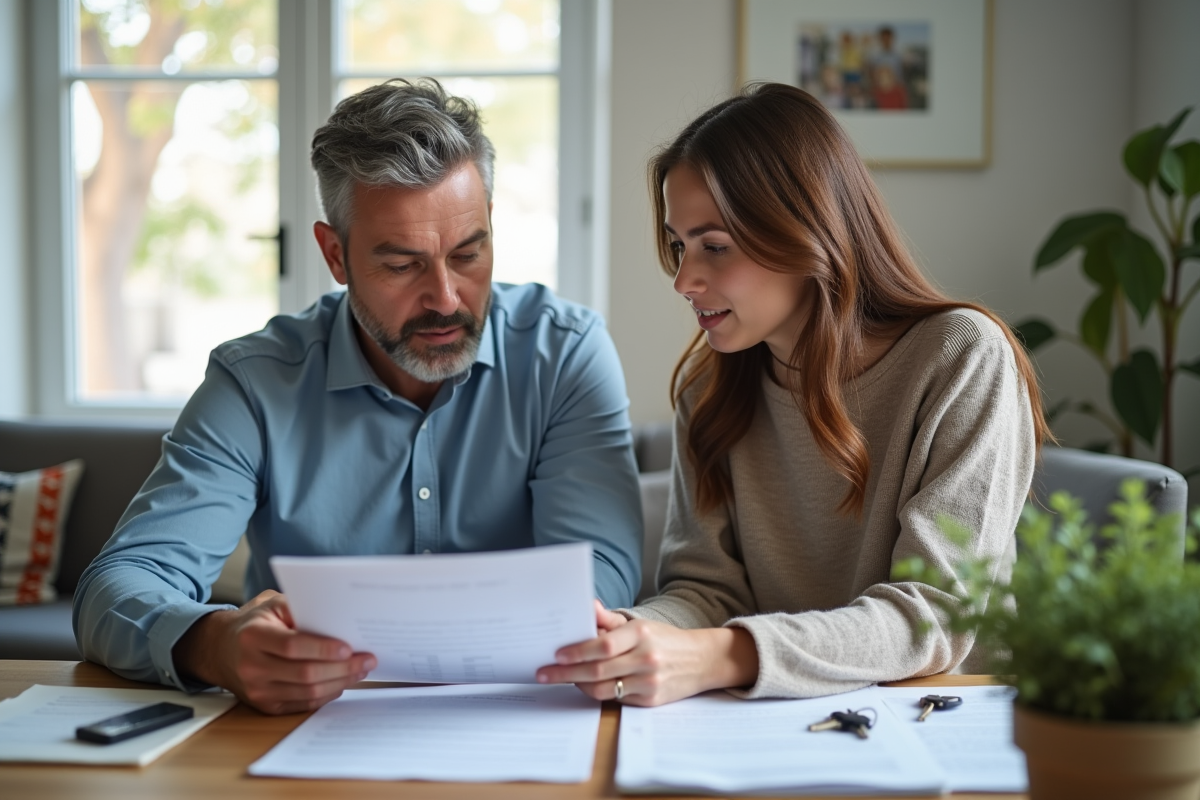 Propriétaire et locataire vérifiant une checklist dans un salon bien éclairé