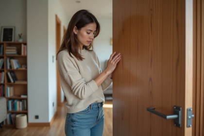 Femme inspectant une charnière de porte intérieure dans un appartement lumineux