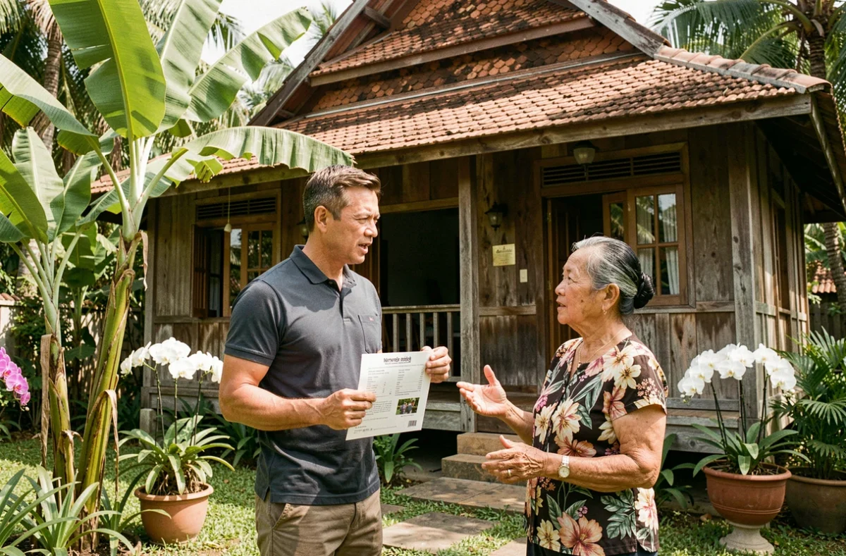 Homme occidental inspectant une maison thaïlandaise traditionnelle en bois à vendre avec la propriétaire locale