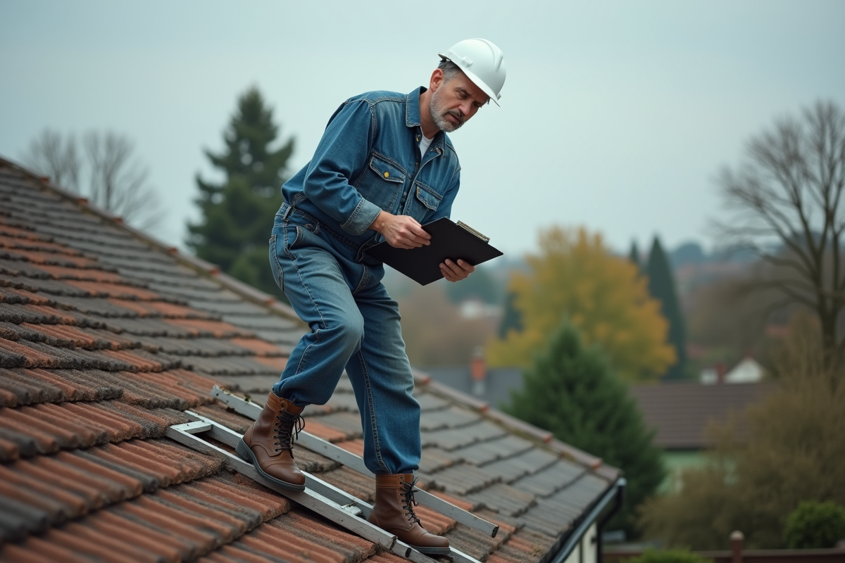 Inspecteur de toiture homme en tenue vérifiant un toit amiante