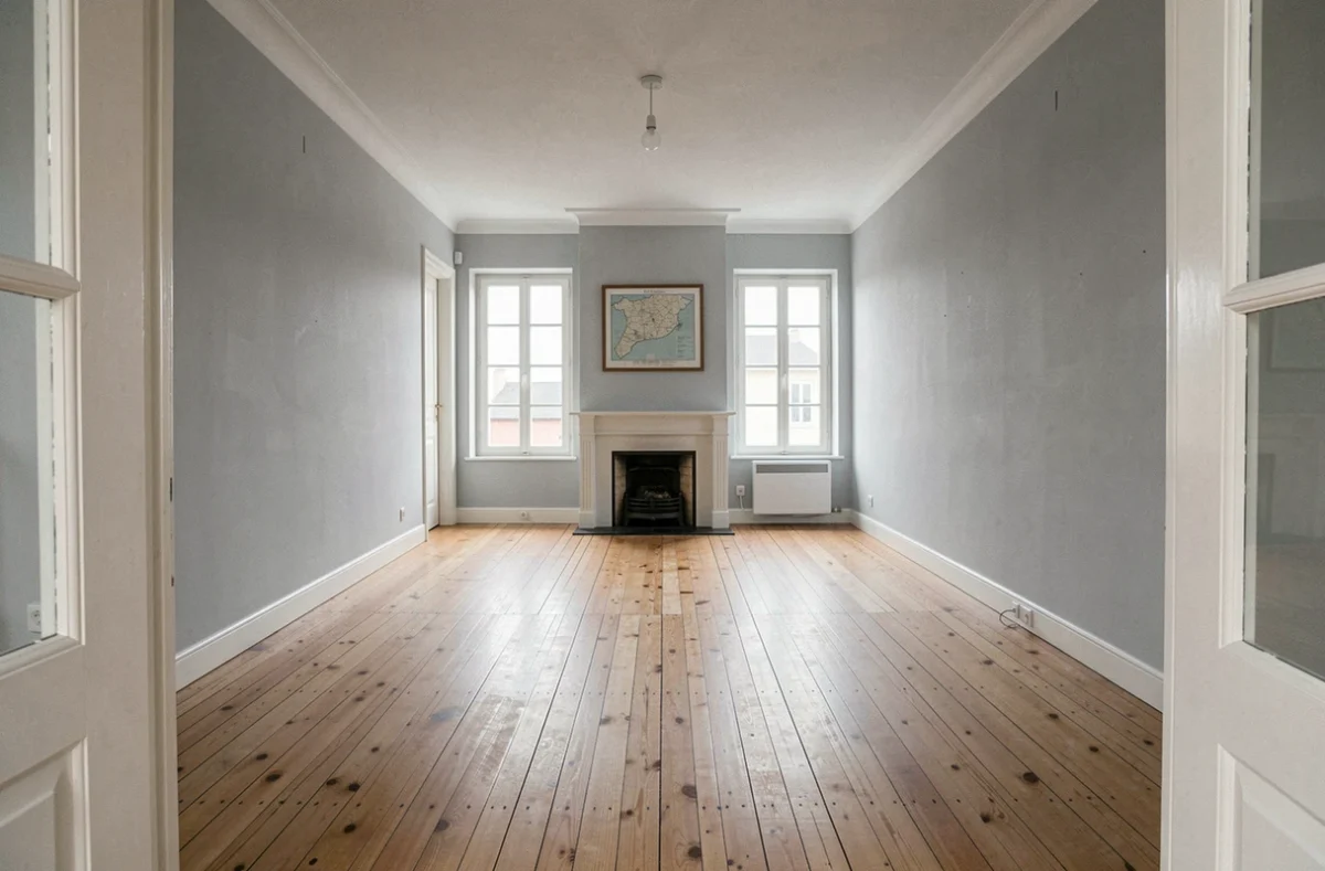 Intérieur d'un appartement à louer à Concarneau, idéal pour un long séjour, avec parquet ancien et cheminée