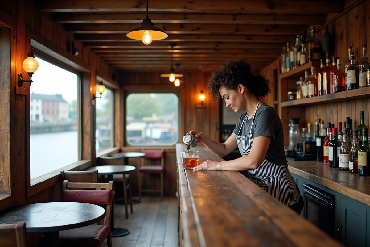Bar intérieur d'une péniche aménagée à Lyon avec vue sur la Saône par les hublots