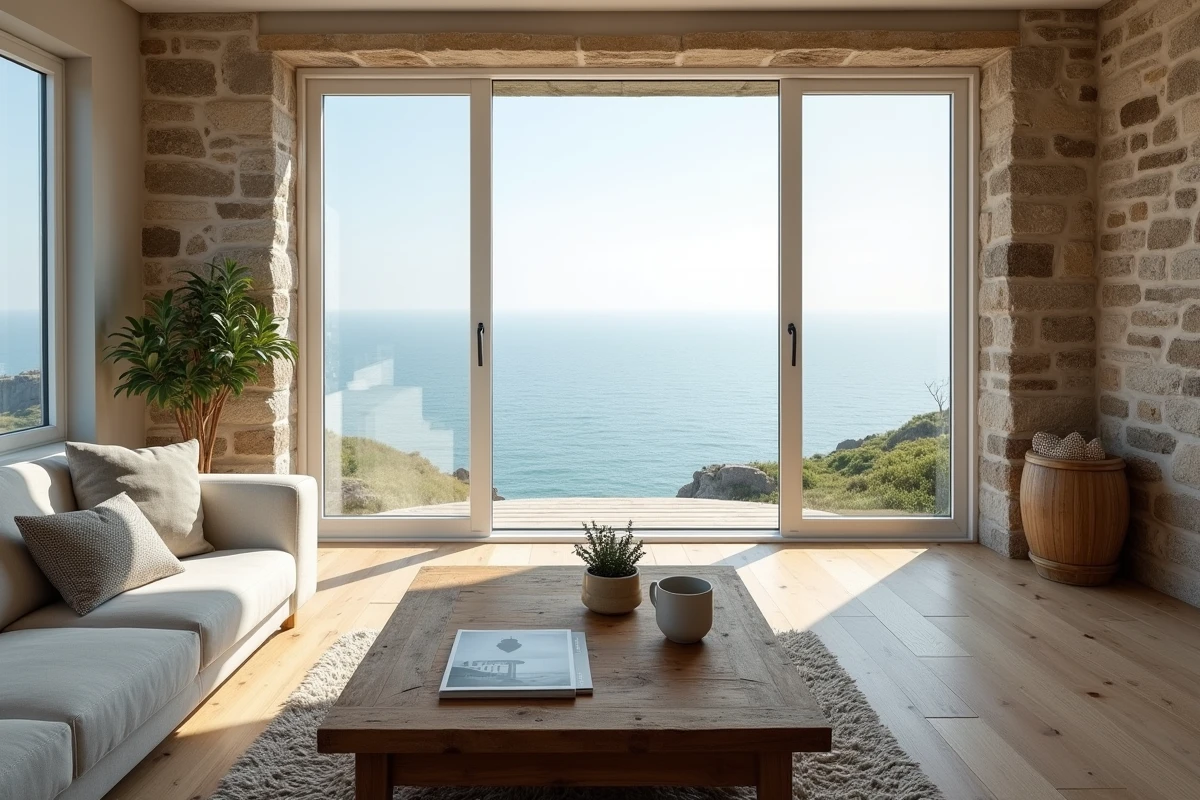Intérieur d'une maison bretonne rénovée avec vue mer depuis le salon en pierre apparente