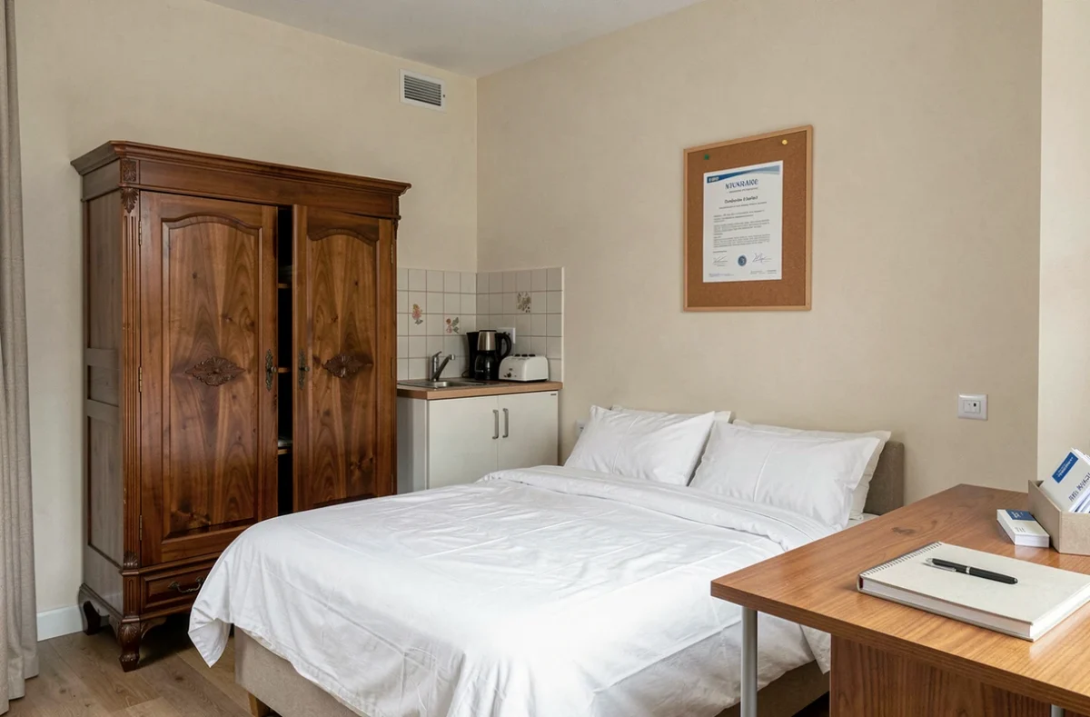 Intérieur d'un studio meublé avec attestation d'assurance habitation affichée sur un tableau de liège